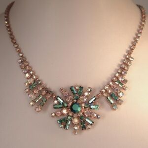 Elegant Vintage Aurora Borealis Crystal Necklace with Green and Pink Accents